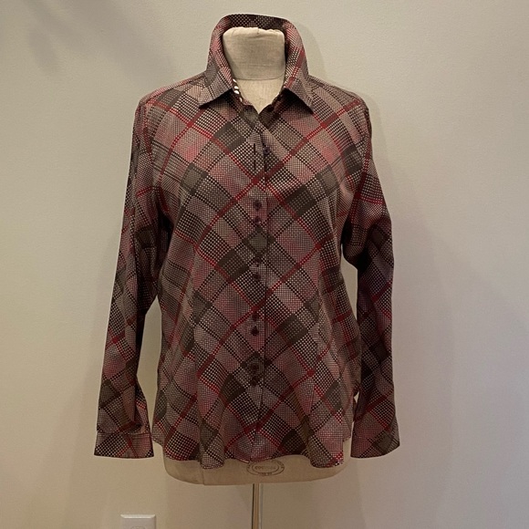 Foxcroft Woman’s Fitted Fit Brown Hot Pink Pattern Button Down Shirt / Size 14 - Picture 3 of 16